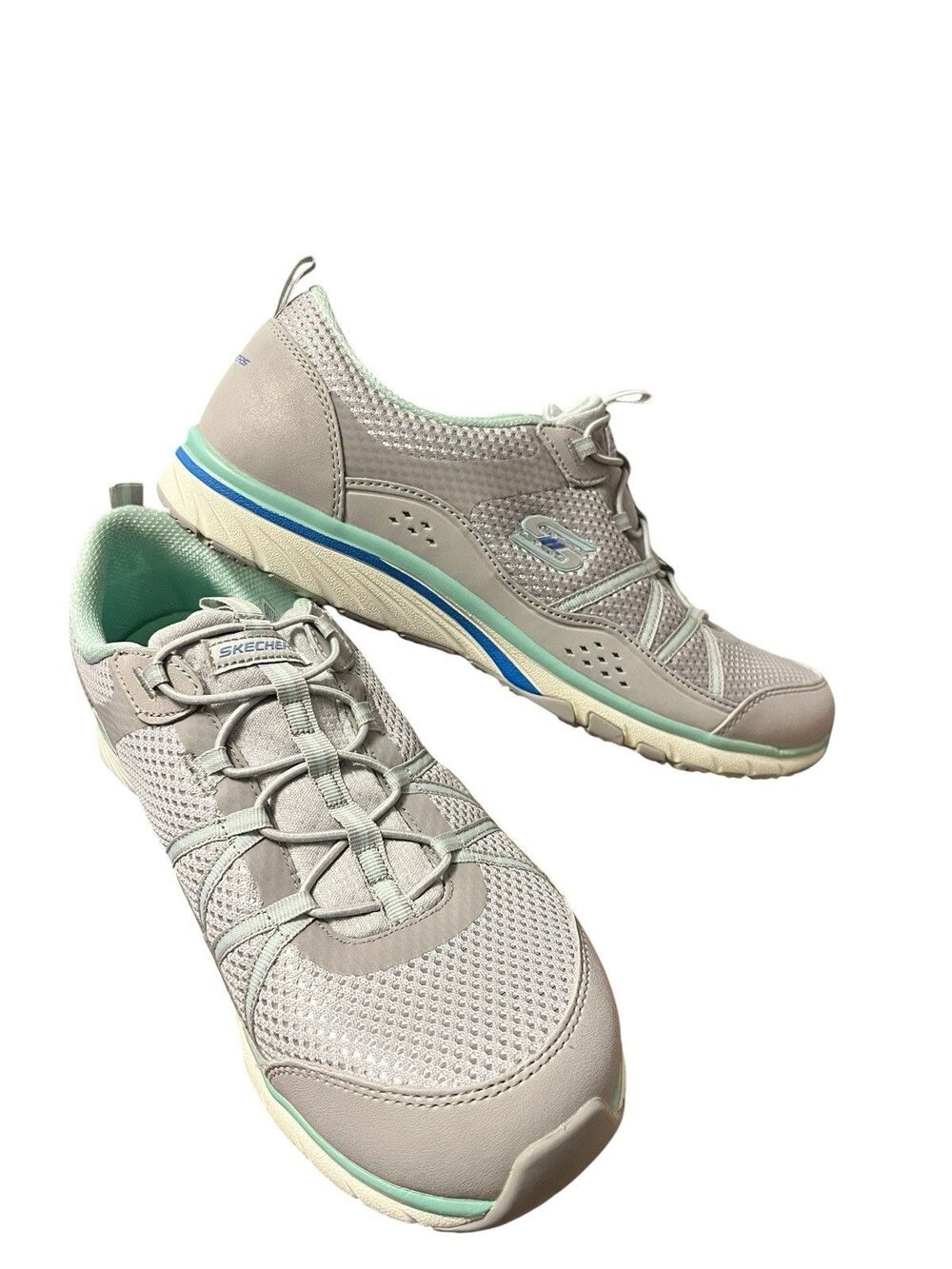 SKECHERS Sport-Active Women's Gray and Mint Mesh Slip On Sneakers Memory Foam